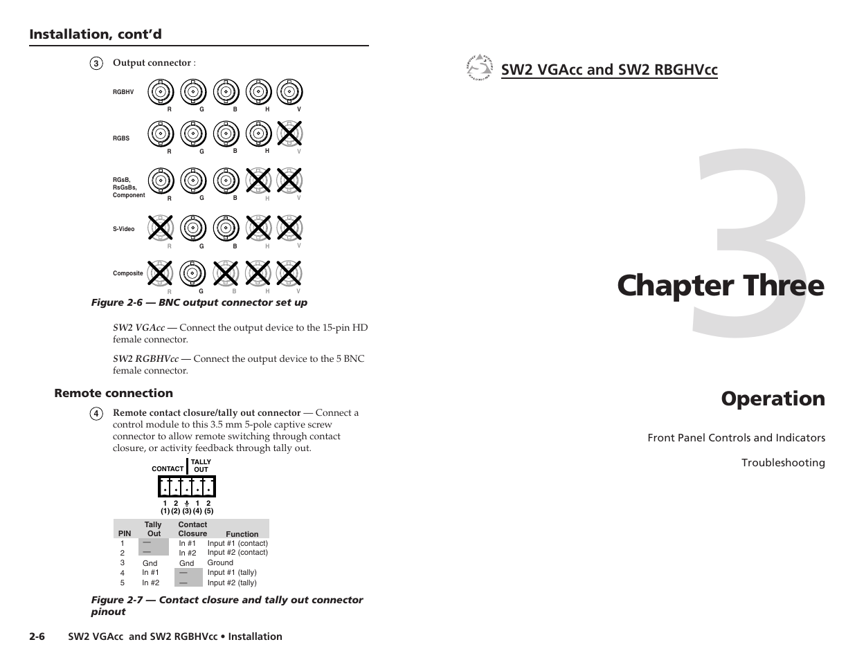 Chapter three, Operation, Sw2 vgacc and sw2 rbghvcc | Extron Electronics SW2 RGBHVcc User Guide User Manual | Page 10 / 15