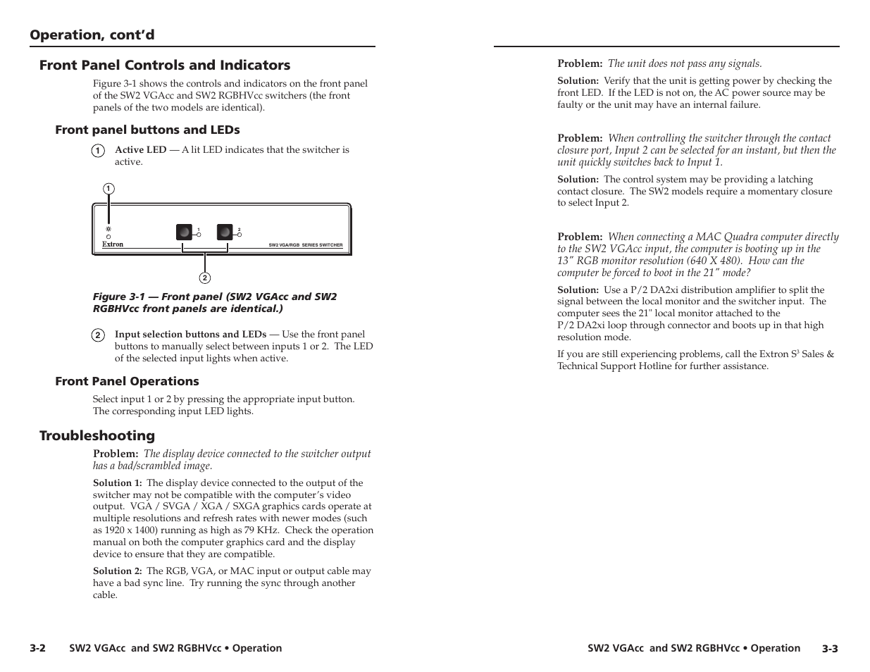 Operation, cont’d, Front panel controls and indicators, Troubleshooting | Extron Electronics SW2 RGBHVcc User Guide User Manual | Page 11 / 15