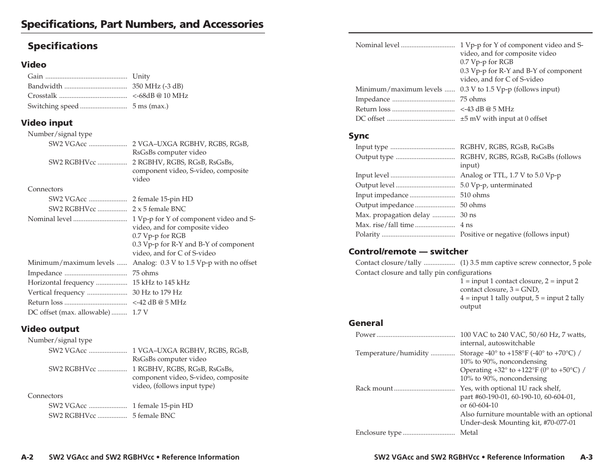 Specifications, part numbers, and accessories, Specifications | Extron Electronics SW2 RGBHVcc User Guide User Manual | Page 14 / 15