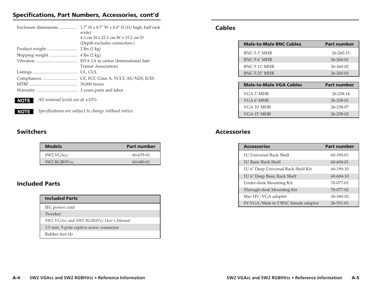 Specifications, part numbers, accessories, cont’d, Cables, Accessories | Switchers, Included parts | Extron Electronics SW2 RGBHVcc User Guide User Manual | Page 15 / 15