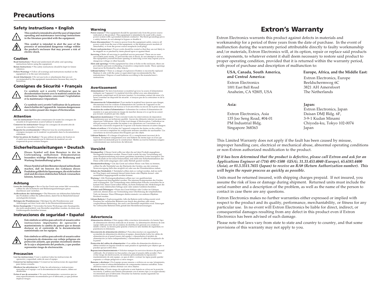 Precautions, Extron’s warranty, Instrucciones de seguridad • español | Extron Electronics SW2 RGBHVcc User Guide User Manual | Page 2 / 15