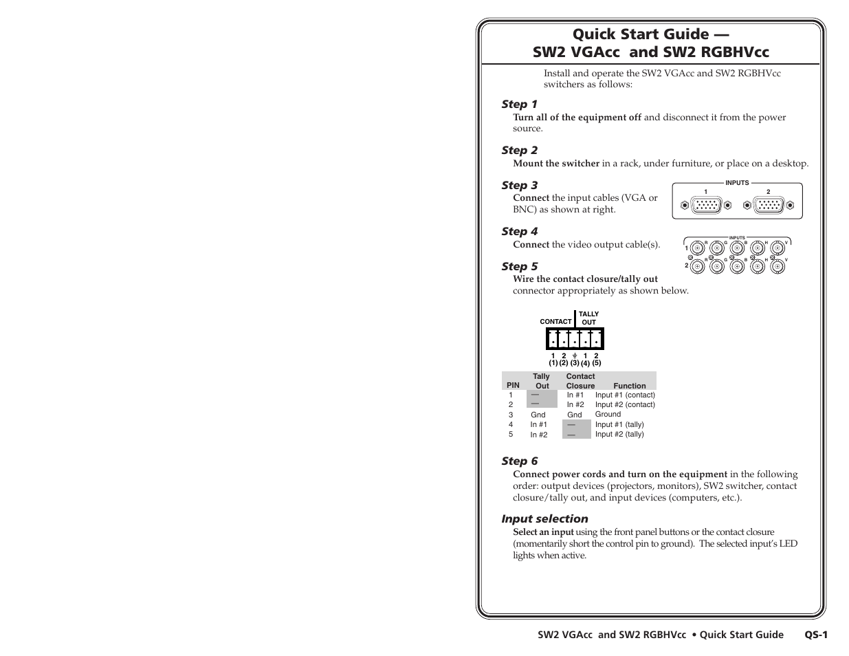 Quick start guide — sw2 vgacc and sw2 rgbhvcc, Step 1, Step 2 | Step 3, Step 4, Step 5, Step 6, Input selection | Extron Electronics SW2 RGBHVcc User Guide User Manual | Page 3 / 15