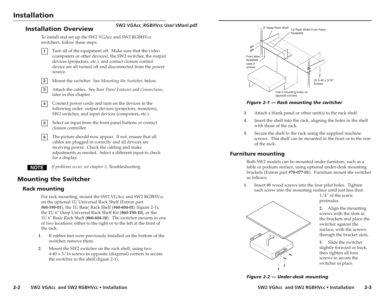 Installation, Installation overview, Mounting the switcher | Extron Electronics SW2 RGBHVcc User Guide User Manual | Page 8 / 15