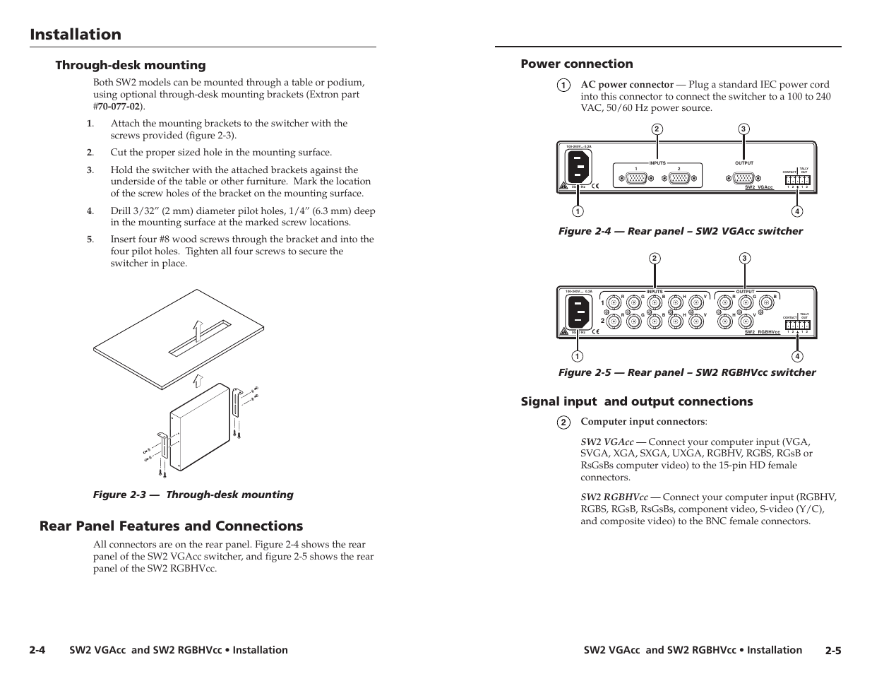 Installation, Rear panel features and connections, Through-desk mounting | Power connection, Signal input and output connections, Sw2 vgacc and sw2 rgbhvcc • installation, Figure 2-3 — through-desk mounting | Extron Electronics SW2 RGBHVcc User Guide User Manual | Page 9 / 15