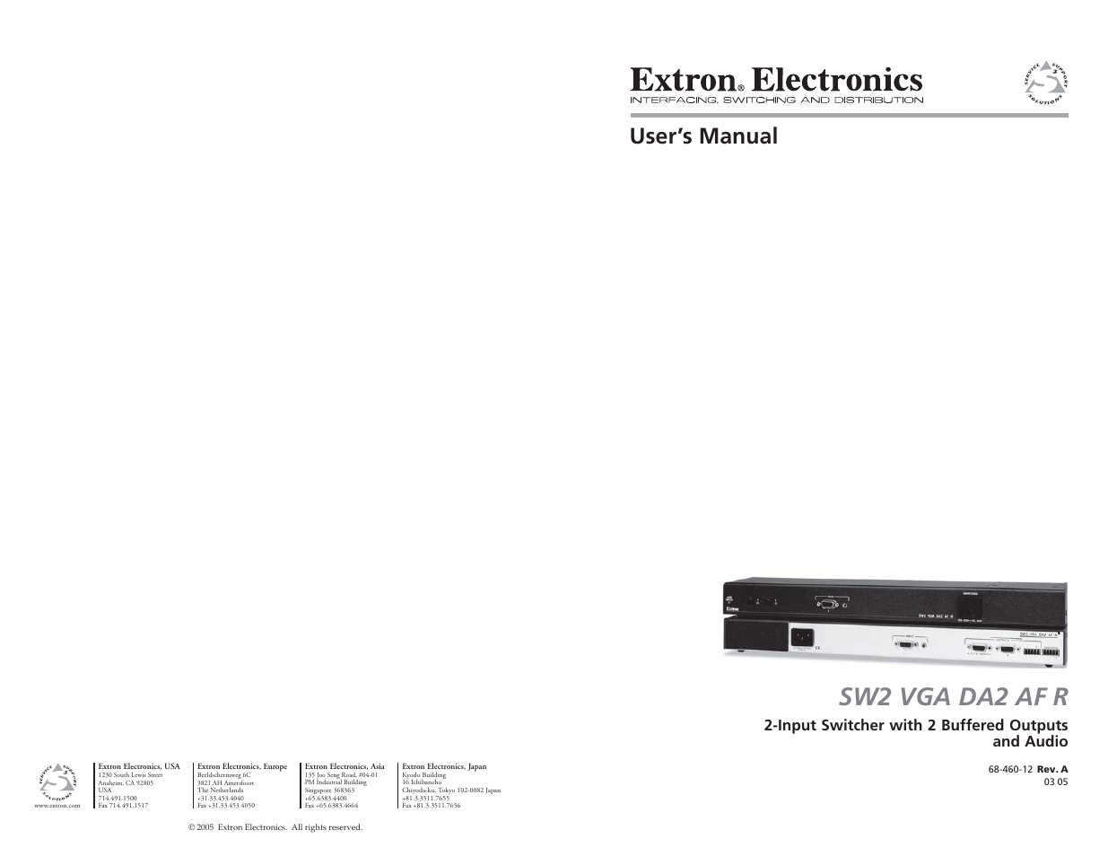 Extron Electronics SW2 VGA DA2 AF R User Guide Rev. A User Manual | 17 pages