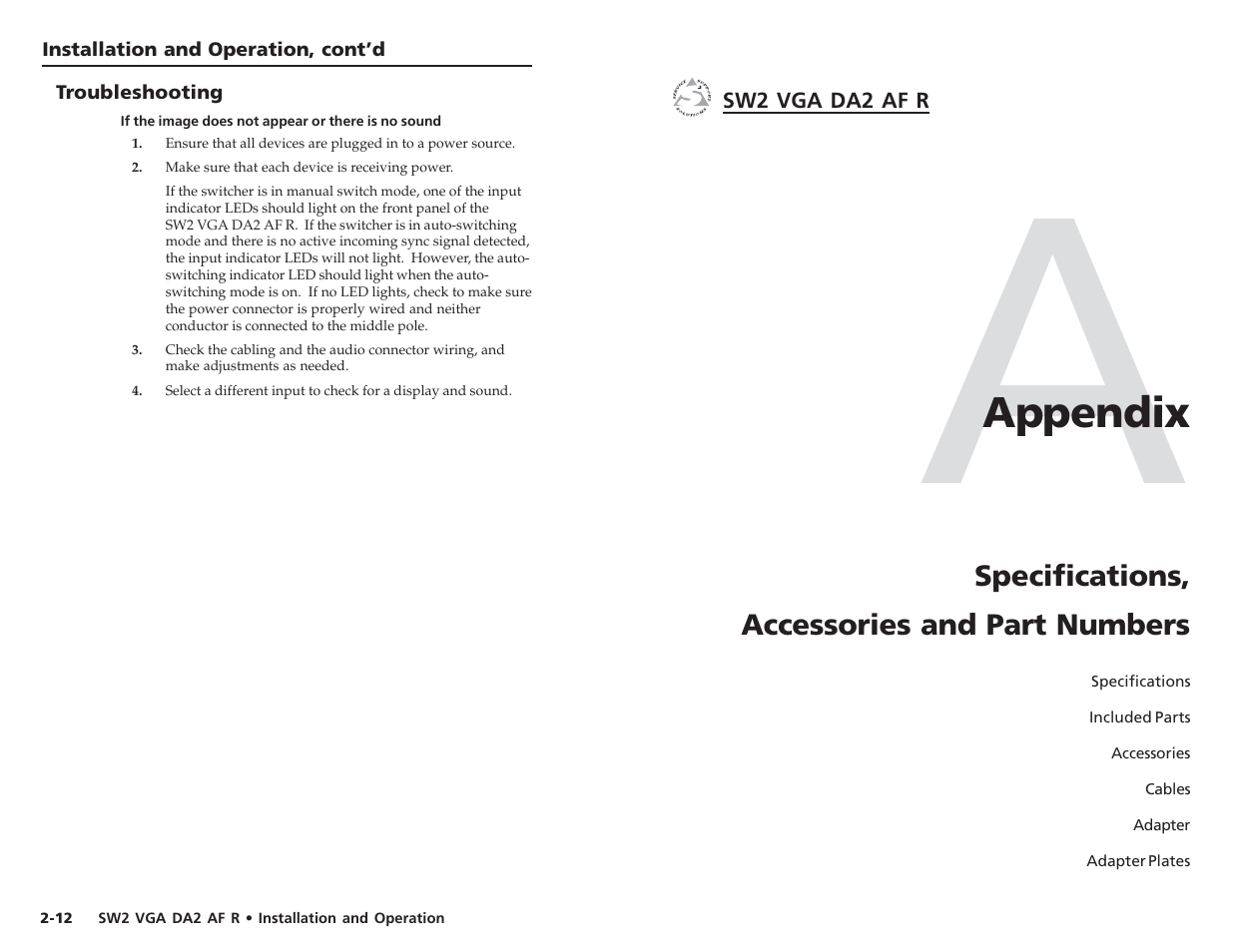 Appendix | Extron Electronics SW2 VGA DA2 AF R User Guide Rev. A User Manual | Page 11 / 17