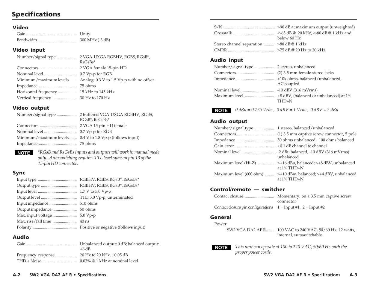 Specifications | Extron Electronics SW2 VGA DA2 AF R User Guide Rev. A User Manual | Page 12 / 17