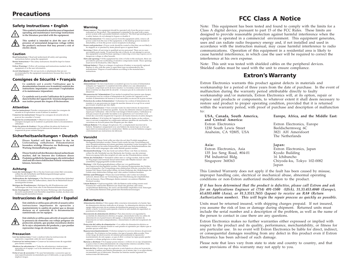 Precautions, Fcc class a notice, Extron’s warranty | Instrucciones de seguridad • español | Extron Electronics SW2 VGA DA2 AF R User Guide Rev. A User Manual | Page 2 / 17