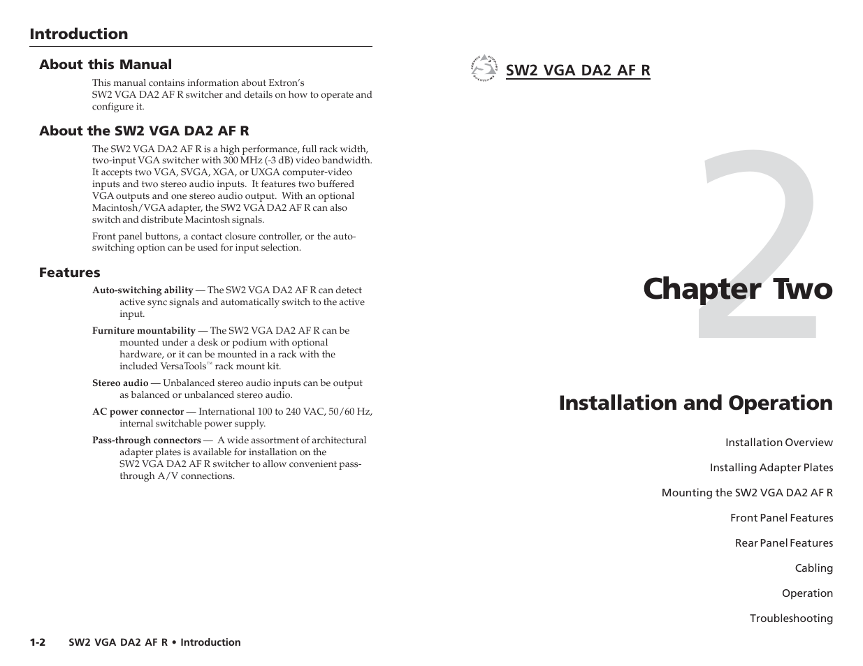 Chapter two | Extron Electronics SW2 VGA DA2 AF R User Guide Rev. A User Manual | Page 5 / 17