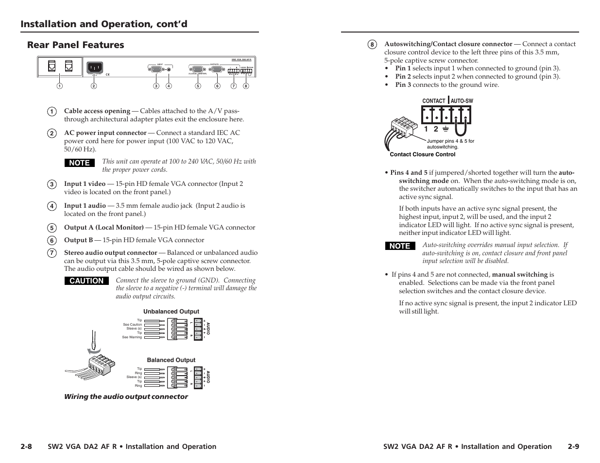 Installation and operation, cont’d, Rear panel features, Caution | Extron Electronics SW2 VGA DA2 AF R User Guide Rev. A User Manual | Page 9 / 17