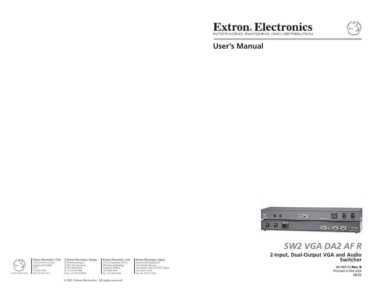 Extron Electronics SW2 VGA DA2 AF R User Guide Rev. B User Manual | 16 pages