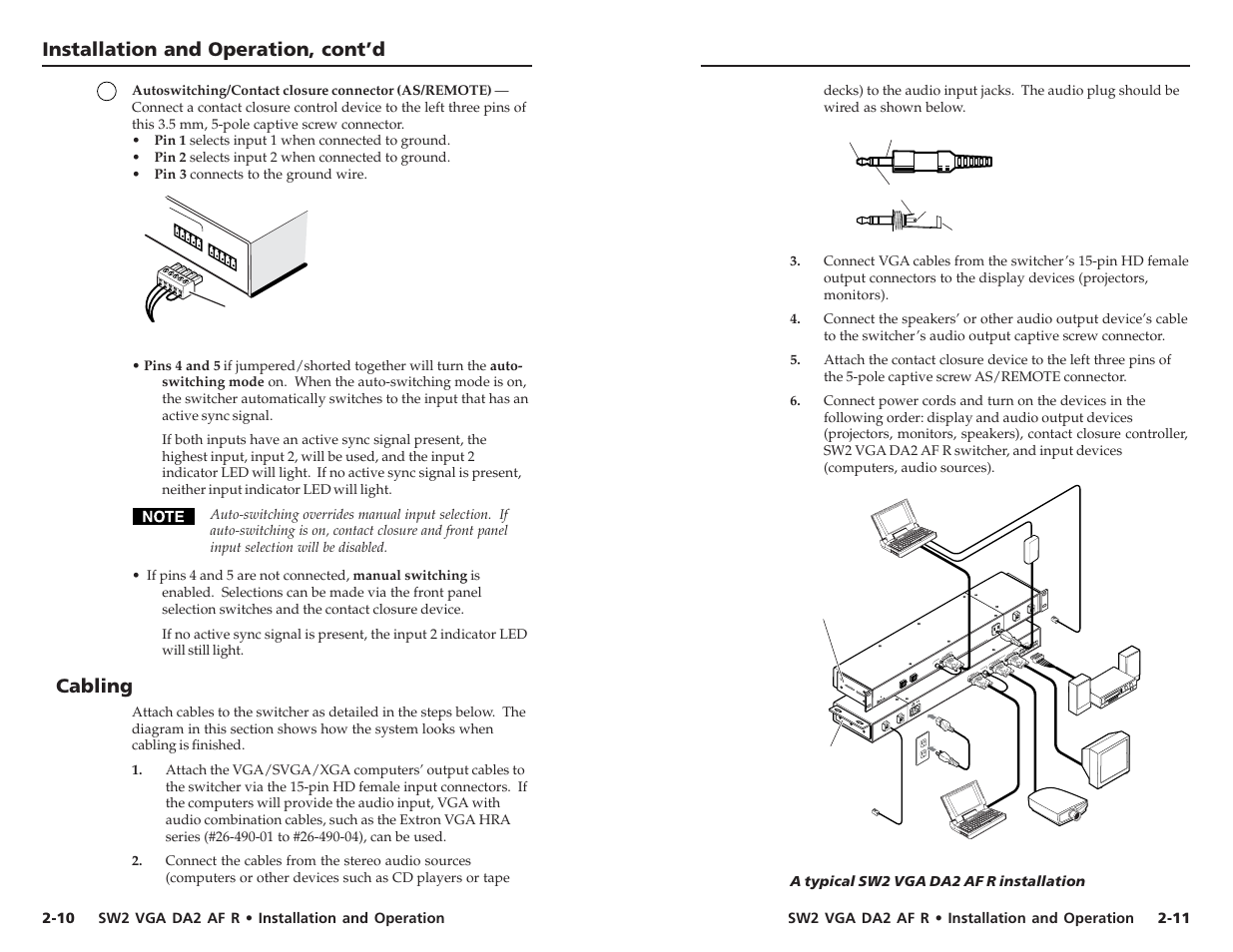 Installation and operation, cont’d, Cabling | Extron Electronics SW2 VGA DA2 AF R User Guide Rev. B User Manual | Page 10 / 16