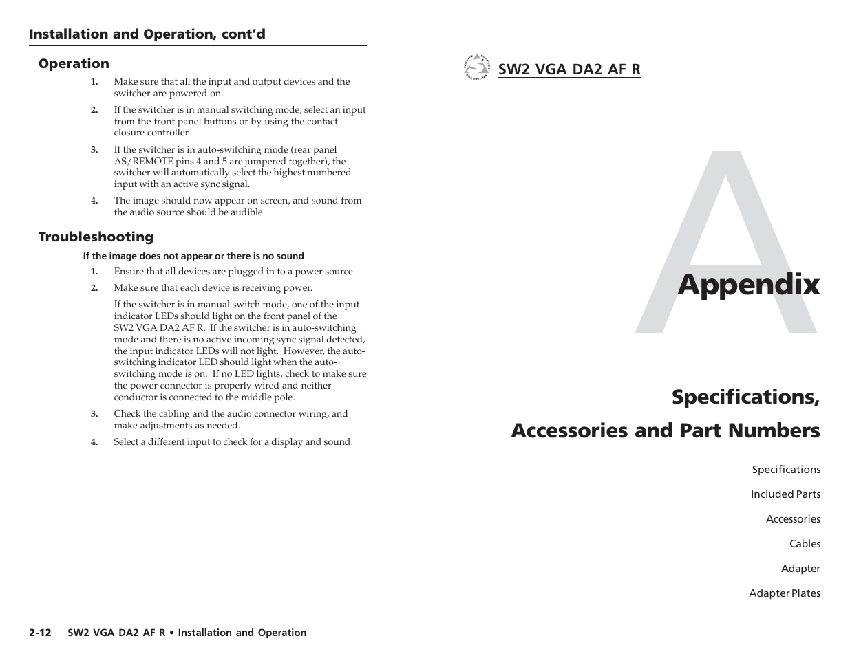 Appendix | Extron Electronics SW2 VGA DA2 AF R User Guide Rev. B User Manual | Page 11 / 16