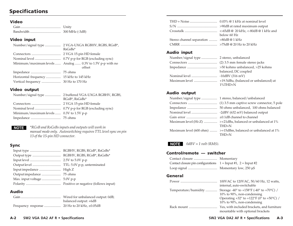 Specifications | Extron Electronics SW2 VGA DA2 AF R User Guide Rev. B User Manual | Page 12 / 16