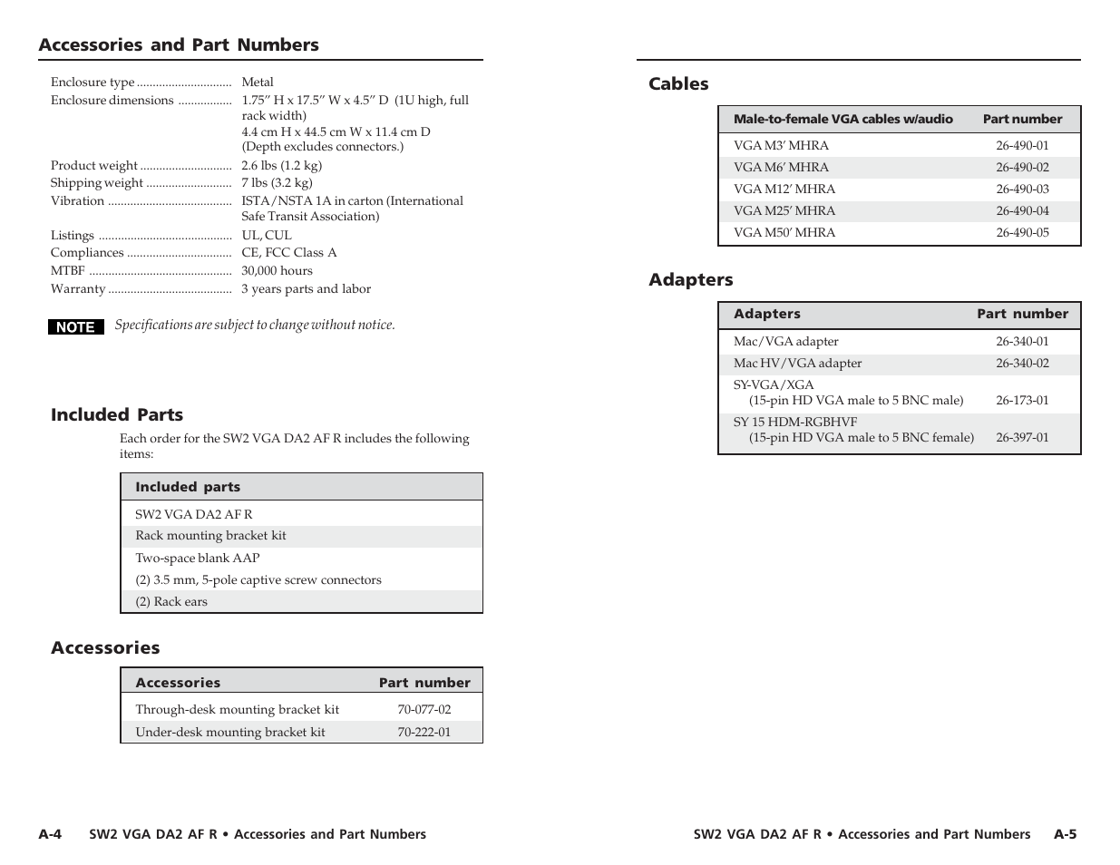 Accessories and part numbers cables, Adapters, Included parts | Accessories | Extron Electronics SW2 VGA DA2 AF R User Guide Rev. B User Manual | Page 13 / 16