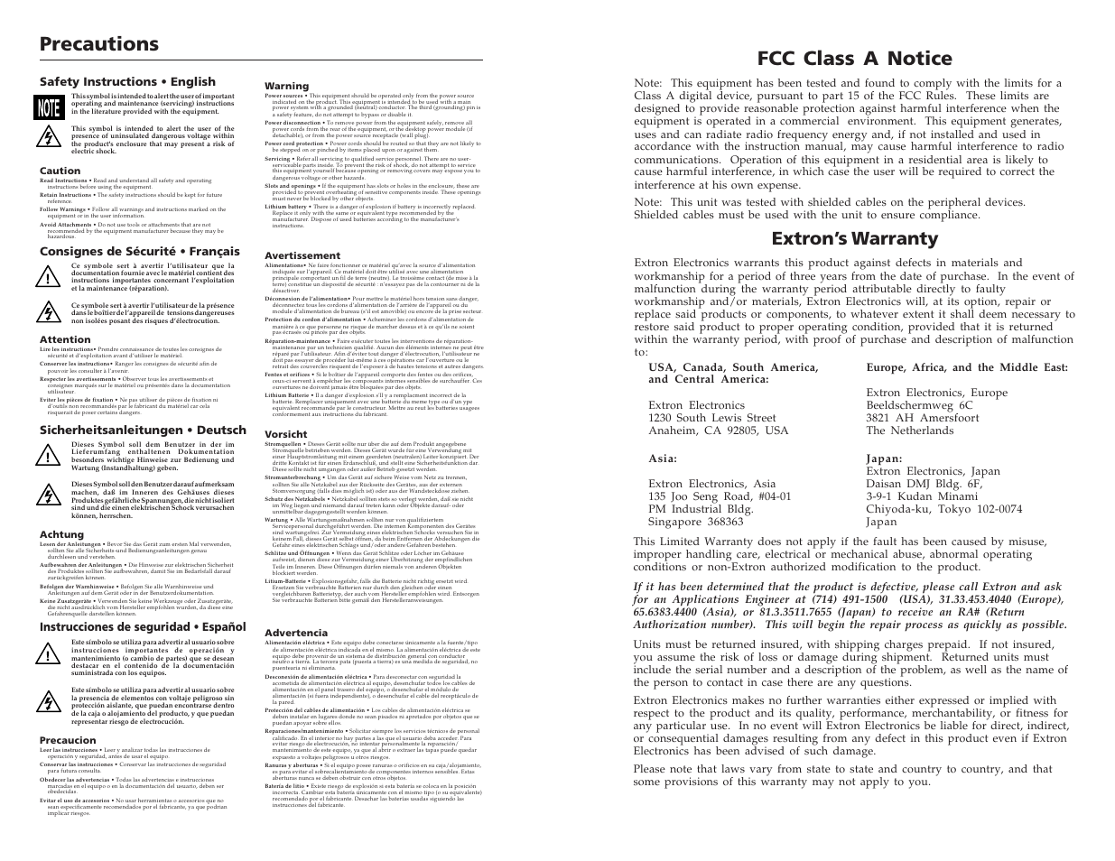 Precautions, Fcc class a notice, Extron’s warranty | Instrucciones de seguridad • español | Extron Electronics SW2 VGA DA2 AF R User Guide Rev. B User Manual | Page 2 / 16