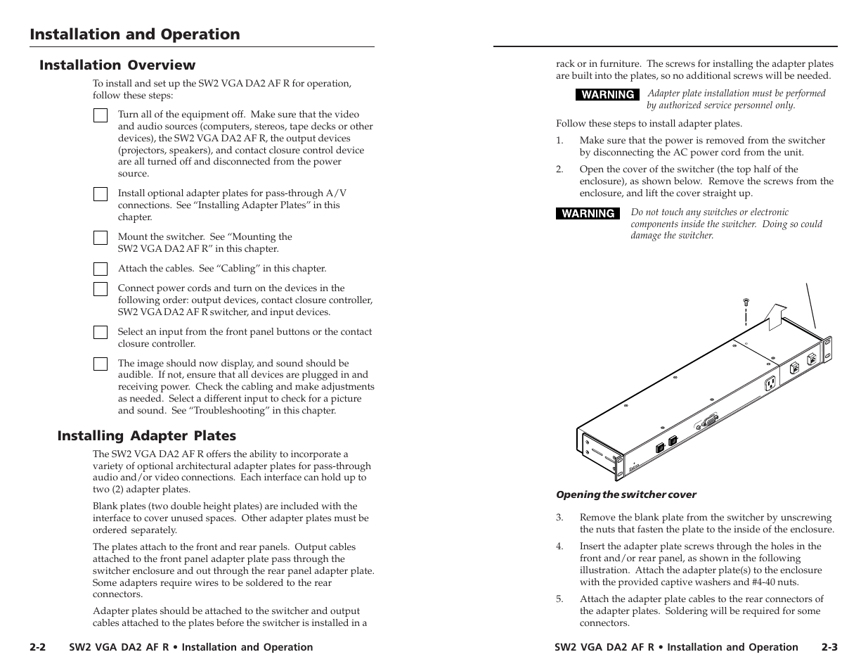 Installation and operation, Installation and operation, cont’d, Installation overview | Installing adapter plates | Extron Electronics SW2 VGA DA2 AF R User Guide Rev. B User Manual | Page 6 / 16