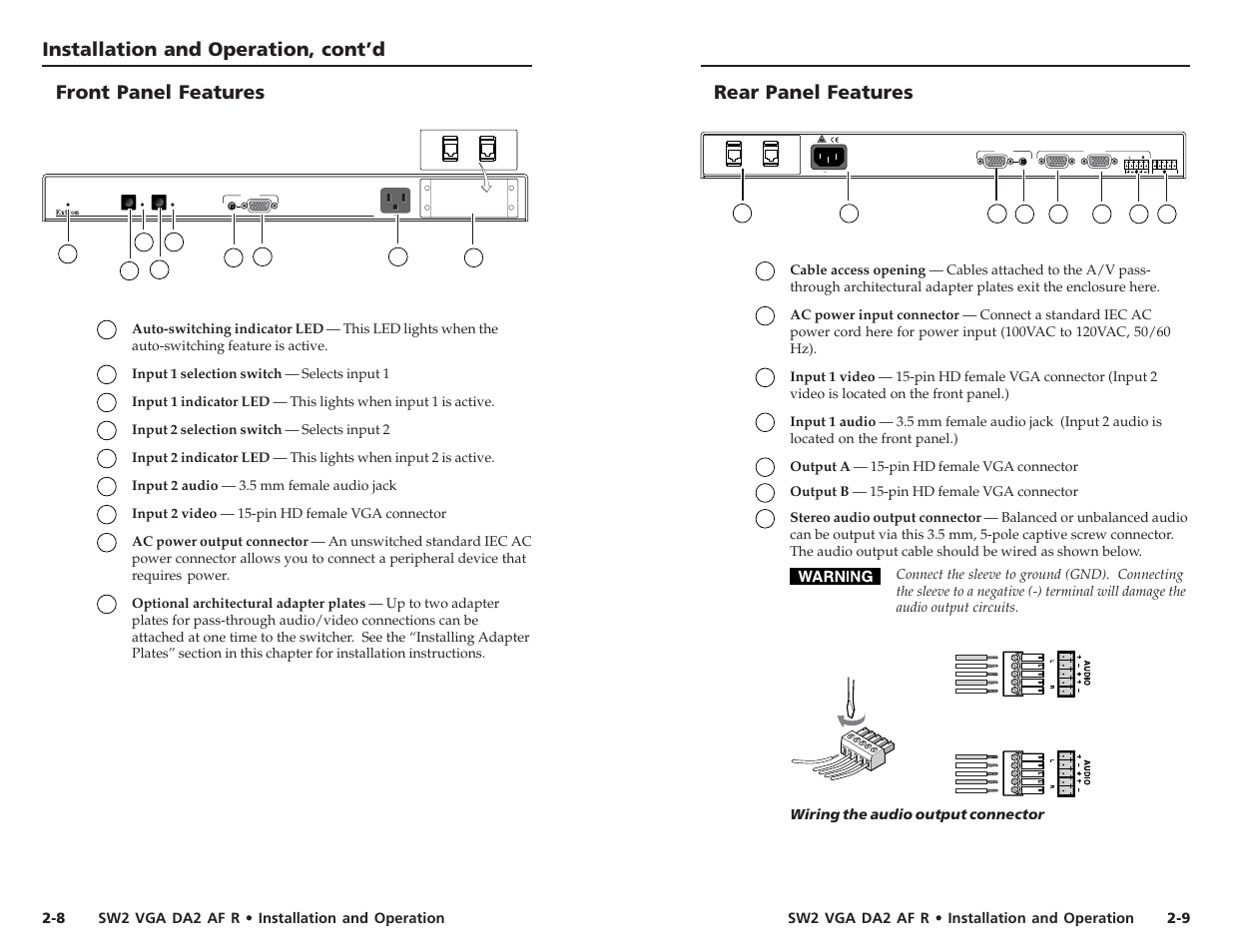 Installation and operation, cont’d, Front panel features, Rear panel features | Extron Electronics SW2 VGA DA2 AF R User Guide Rev. B User Manual | Page 9 / 16