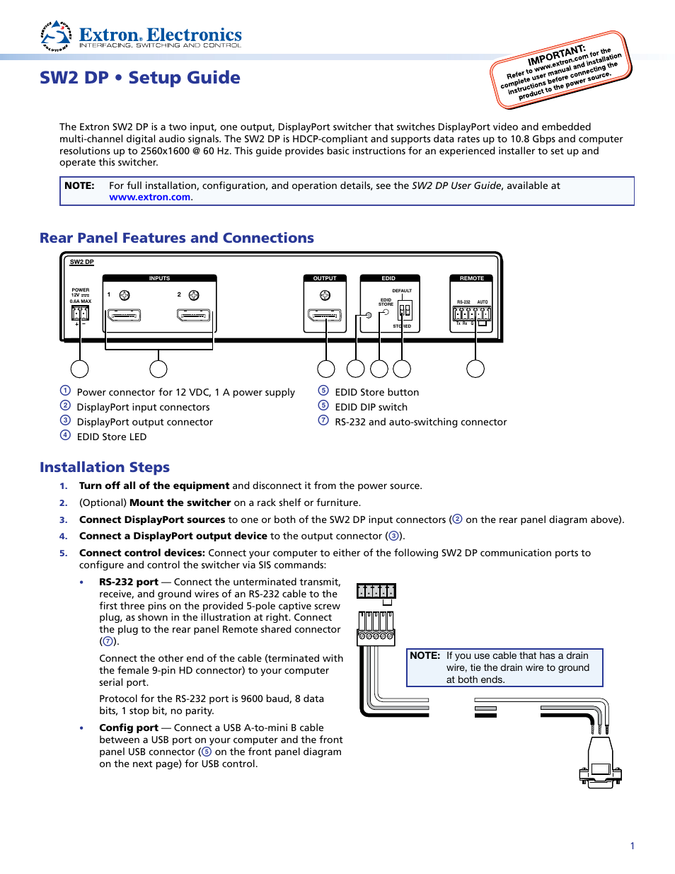 Extron Electronics SW2 DP Setup Guide User Manual | 2 pages