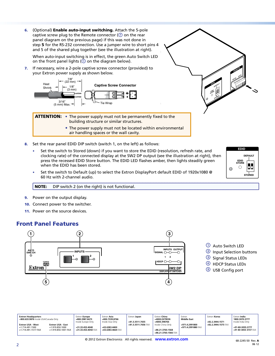 Front panel features, Attention, On the diagram below) | Power on the output display, Connect power to the switcher, Power on the source devices, Auto switch led, Input selection buttons, Signal status leds, Hdcp status leds | Extron Electronics SW2 DP Setup Guide User Manual | Page 2 / 2