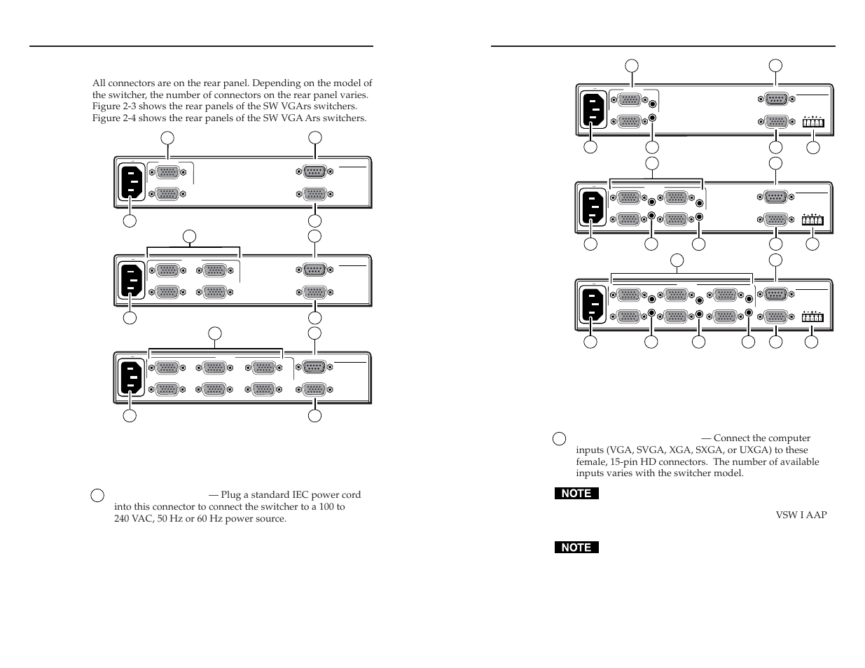 Rear panel features and connections, Power connection, Signal input connections | All models, Power connection -6 signal input connections -7, Attach the cables. see “rear panel features and, Connections” later in this chapter, Installation, cont’d, Sw vgars / ars series switchers • installation | Extron Electronics SW VGA_Ars Series User Guide User Manual | Page 10 / 28