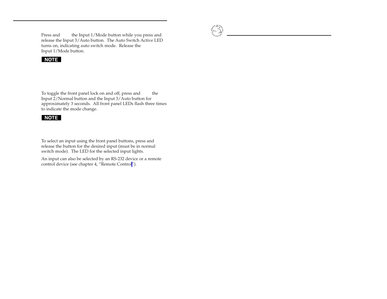 Selecting auto switch mode, Selecting an input in normal switch mode, Chapter 4 • remote control | Locking the front panel -4, Chapter four | Extron Electronics SW VGA_Ars Series User Guide User Manual | Page 15 / 28