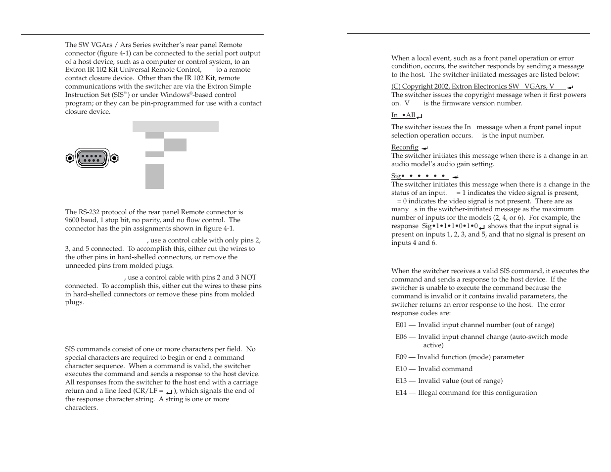 Simple instruction set control, Host-to-switcher communications, Switcher-initiated (unsolicited) messages | Error responses, Remote control | Extron Electronics SW VGA_Ars Series User Guide User Manual | Page 16 / 28