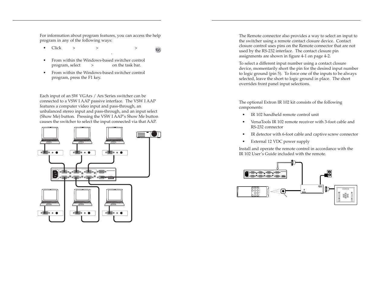 Using the help system, Vsw i aap remote control, Contact closure remote control | Ir 102 infrared remote control, Using the help system -14, Remote control, cont’d, 60hz | Extron Electronics SW VGA_Ars Series User Guide User Manual | Page 24 / 28