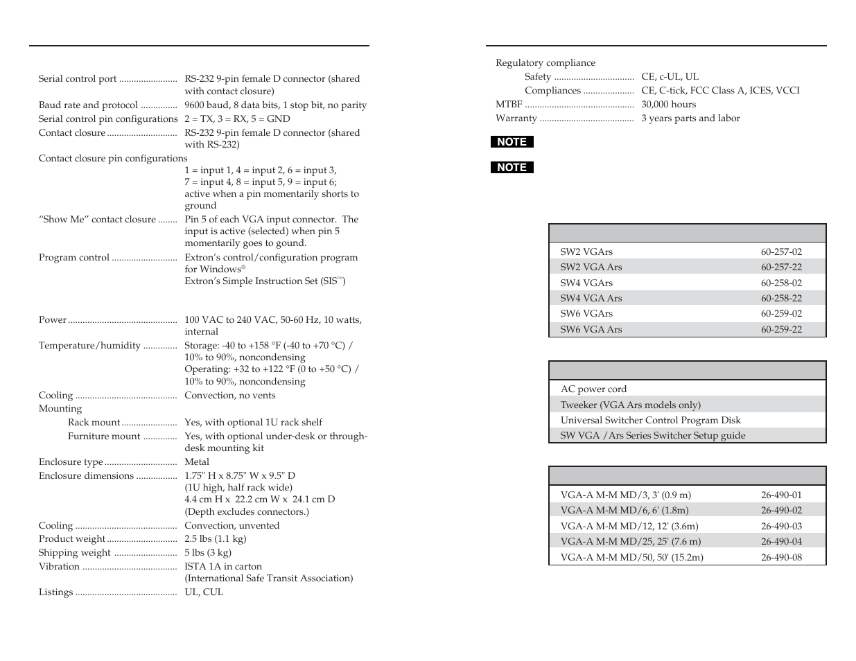 Part numbers, Switchers, Included parts | Cables, Reference information, cont’d | Extron Electronics SW VGA_Ars Series User Guide User Manual | Page 27 / 28