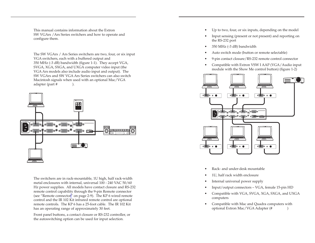 About this manual, Sw vgars and sw vga ars series switchers, Features | Features -3, Introduction, 60hz, Sw vgars / ars series switchers • introduction, Figure 1-1 — typical sw vgars switcher application, Figure 1-2 — typical application with vsw i aap | Extron Electronics SW VGA_Ars Series User Guide User Manual | Page 6 / 28