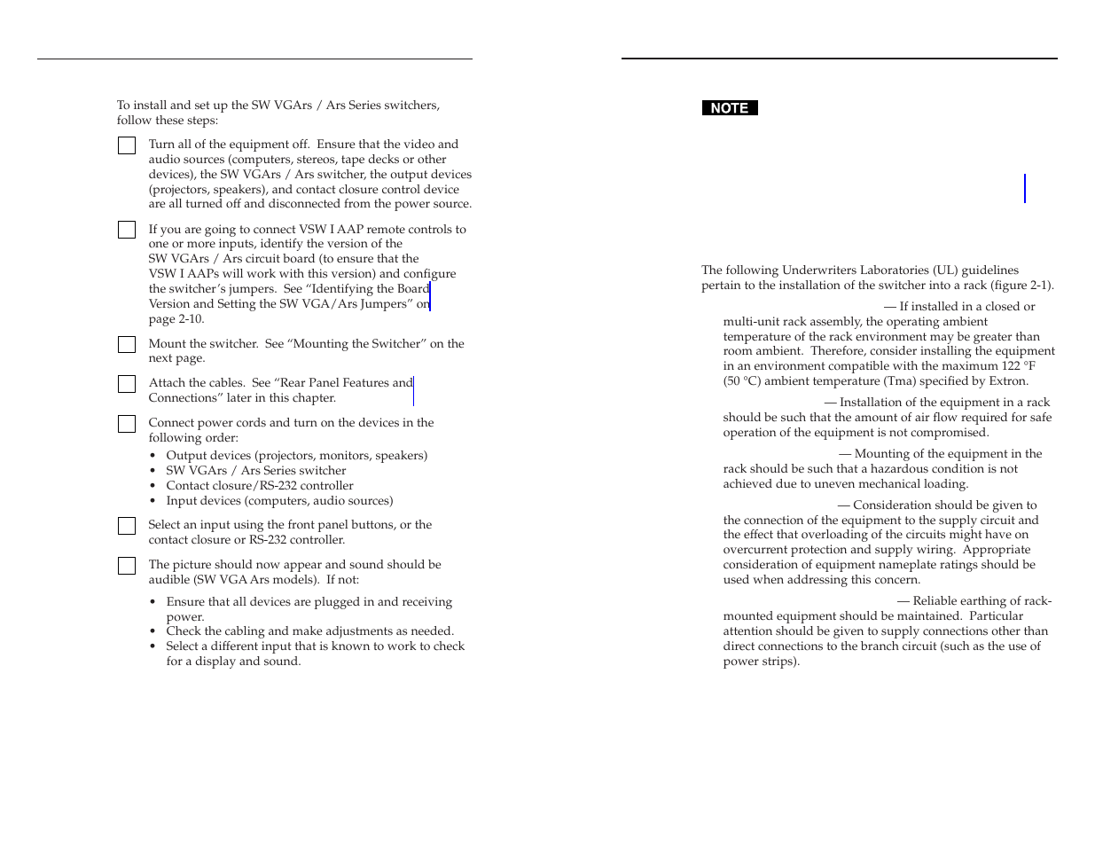 Installation overview, Mounting the switcher, Rack mounting | Ul guidelines, Rack mounting -3, Installation | Extron Electronics SW VGA_Ars Series User Guide User Manual | Page 8 / 28