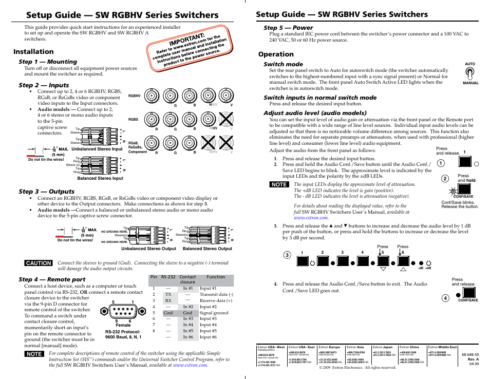 Extron Electronics SW RGBHV Series Setup Guide User Manual | 1 page