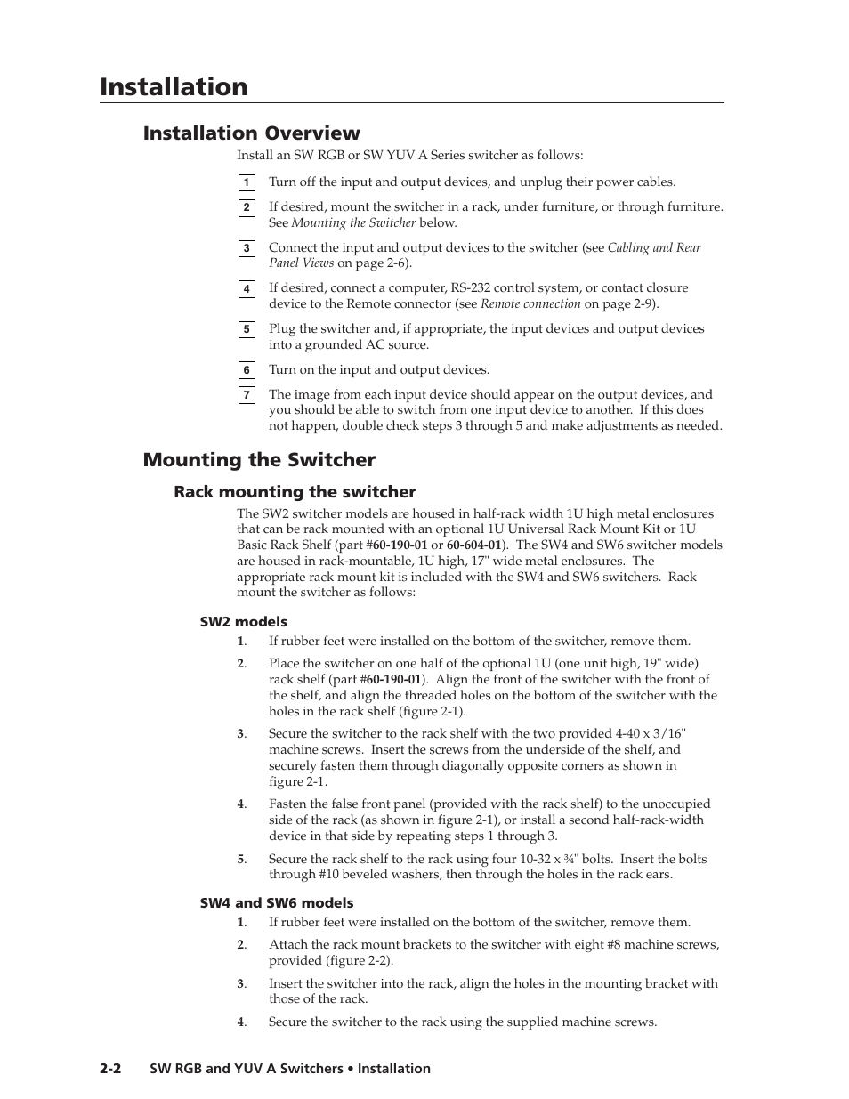 Installation, Installation, cont’d, Installation overview | Mounting the switcher | Extron Electronics SW YUV A Series User Guide User Manual | Page 12 / 44