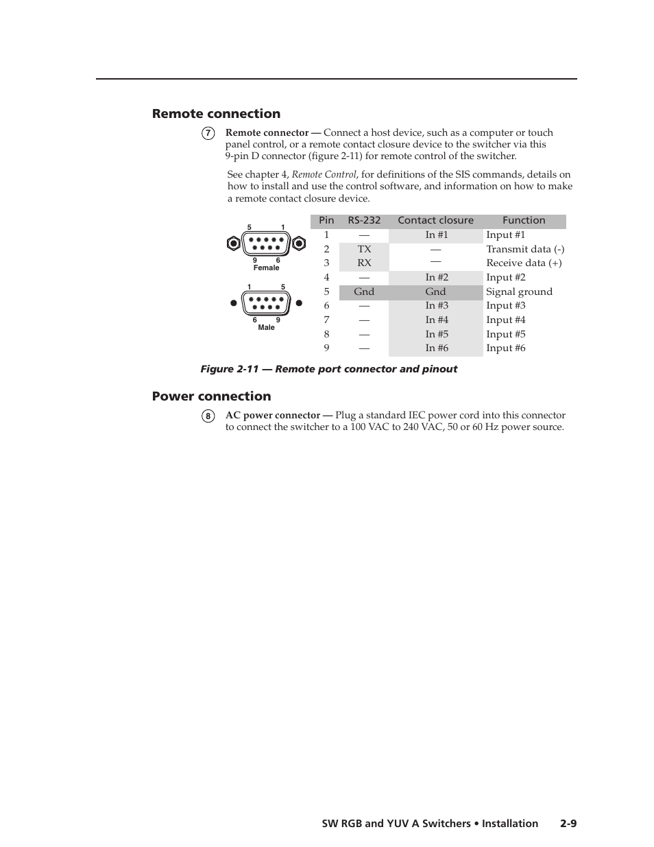Remote connection, Power connection | Extron Electronics SW YUV A Series User Guide User Manual | Page 19 / 44