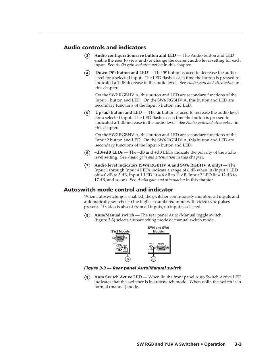Audio controls and indicators, Autoswitch mode control and indicator | Extron Electronics SW YUV A Series User Guide User Manual | Page 23 / 44