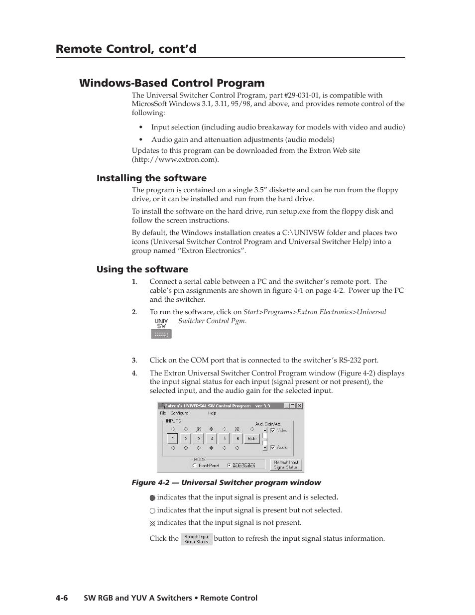 Remote control, cont’d, Windows-based control program | Extron Electronics SW YUV A Series User Guide User Manual | Page 34 / 44