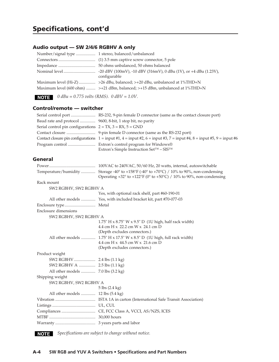 Specifications, cont’d | Extron Electronics SW YUV A Series User Guide User Manual | Page 40 / 44