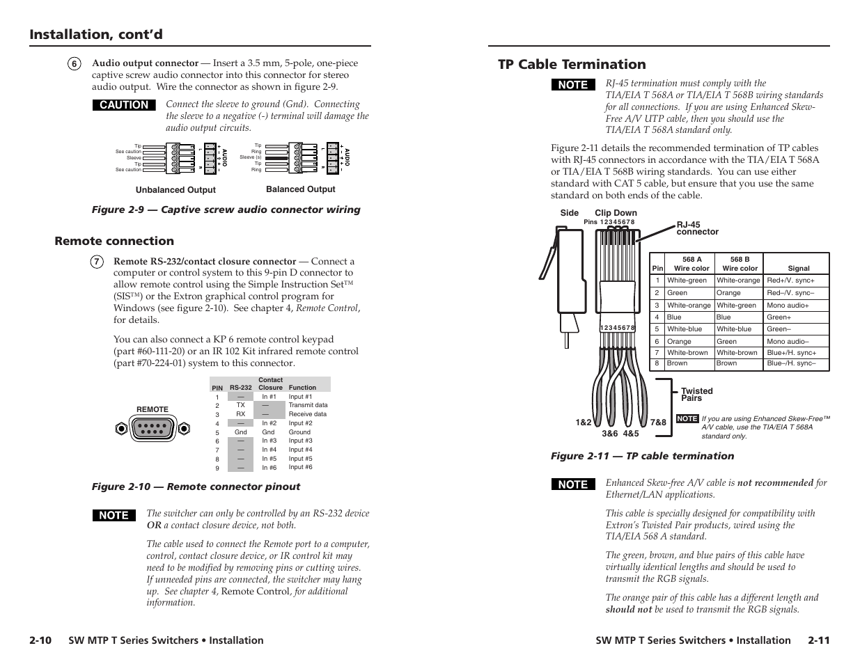 Installation, cont’d, Tp cable termination, Remote connection | Caution | Extron Electronics SW MTP T Series User Guide User Manual | Page 12 / 25