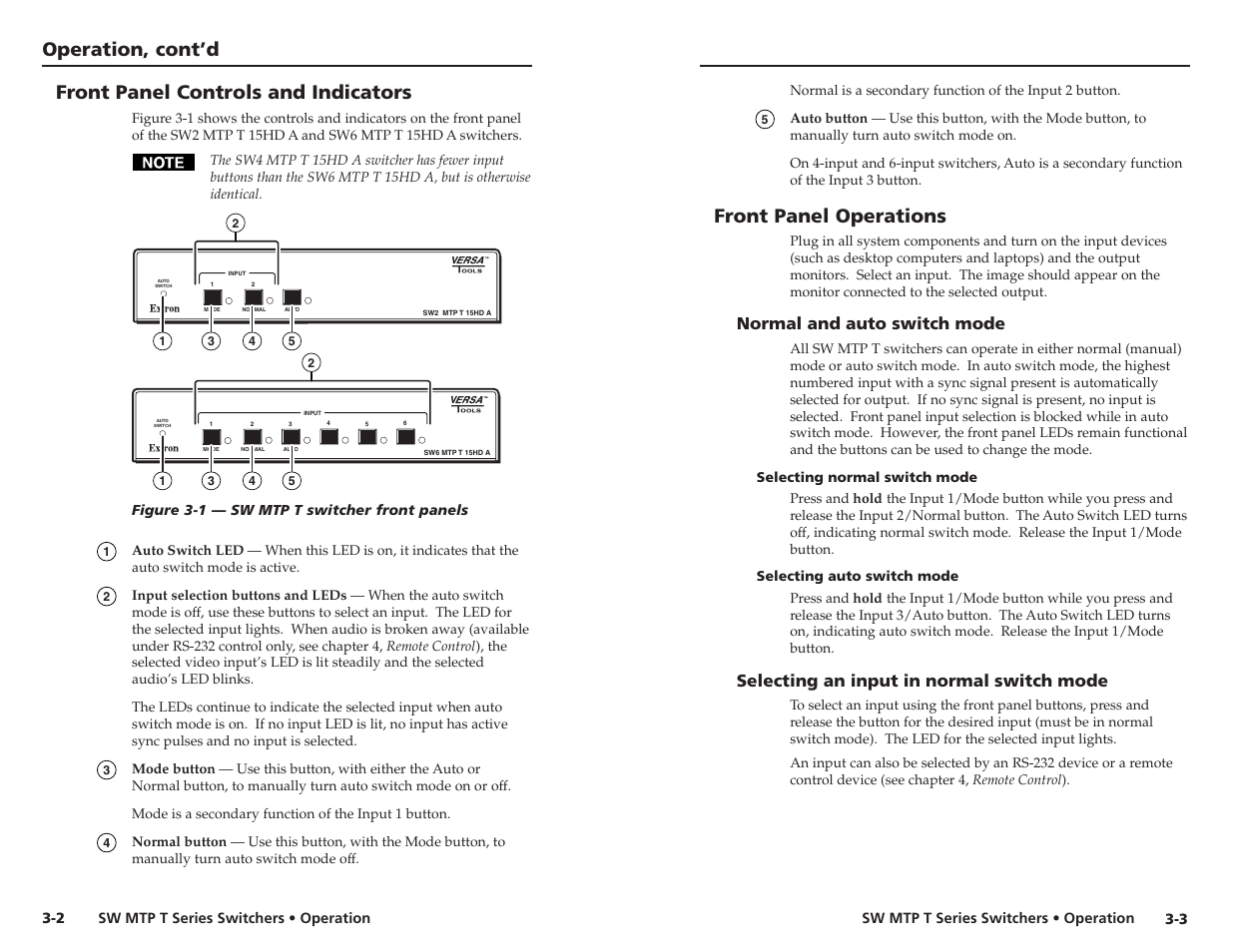 Front panel operations, Normal and auto switch mode, Selecting an input in normal switch mode | Extron Electronics SW MTP T Series User Guide User Manual | Page 14 / 25
