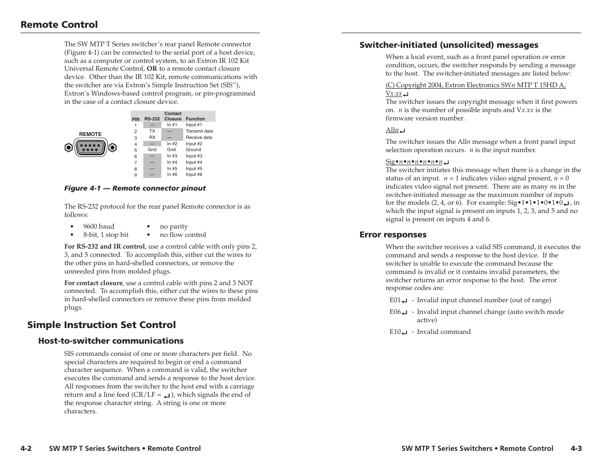 Remote control, Simple instruction set control, Host-to-switcher communications | Switcher-initiated (unsolicited) messages, Error responses | Extron Electronics SW MTP T Series User Guide User Manual | Page 16 / 25