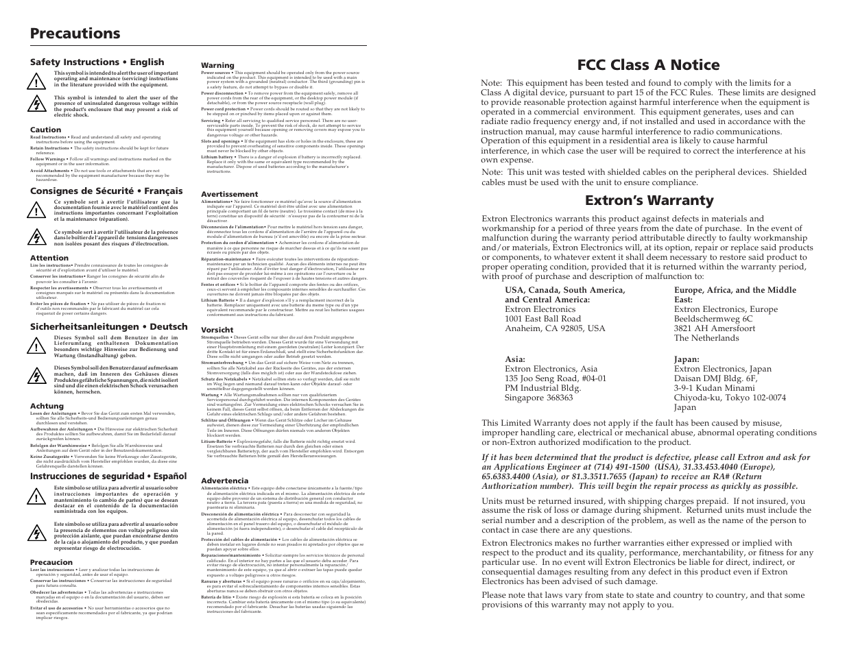 Precautions, Fcc class a notice, Extron’s warranty | Instrucciones de seguridad • español | Extron Electronics SW MTP T Series User Guide User Manual | Page 2 / 25