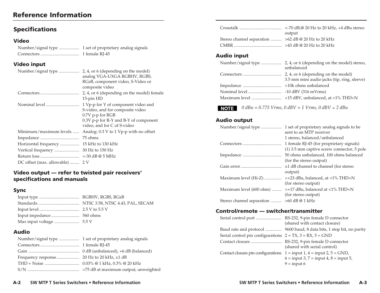 Reference information, Specifications | Extron Electronics SW MTP T Series User Guide User Manual | Page 22 / 25