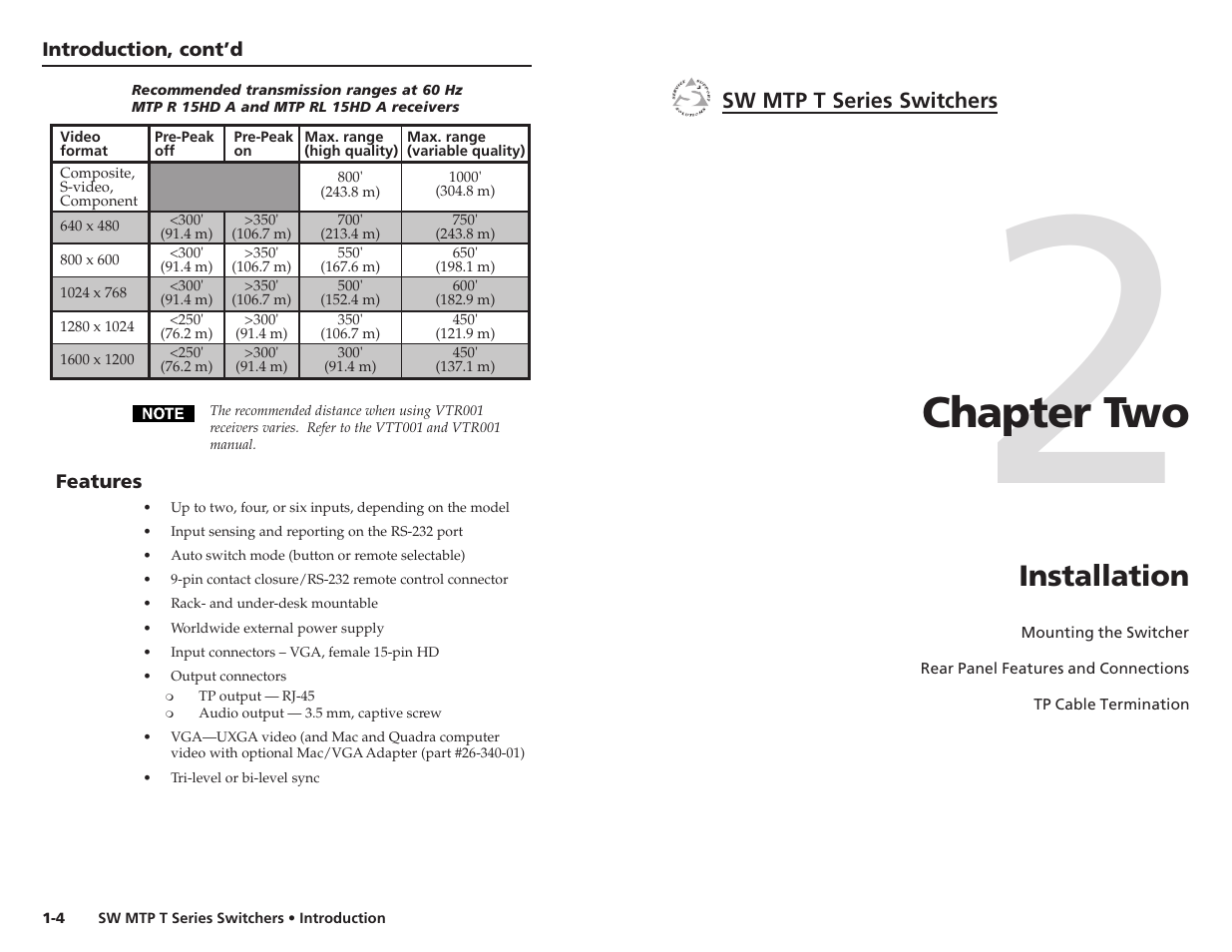 Chapter two, Installation | Extron Electronics SW MTP T Series User Guide User Manual | Page 7 / 25