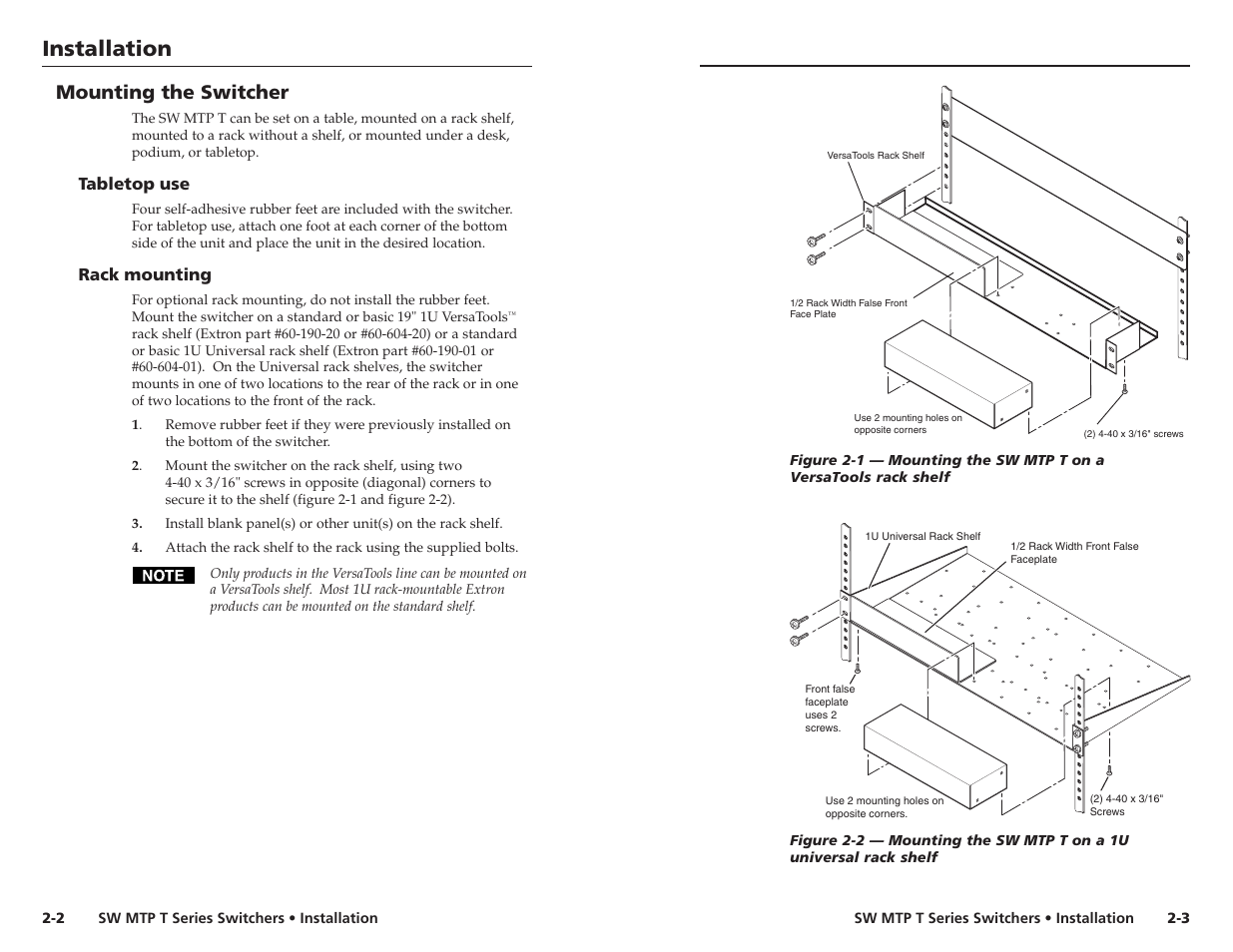 Installation, Mounting the switcher | Extron Electronics SW MTP T Series User Guide User Manual | Page 8 / 25