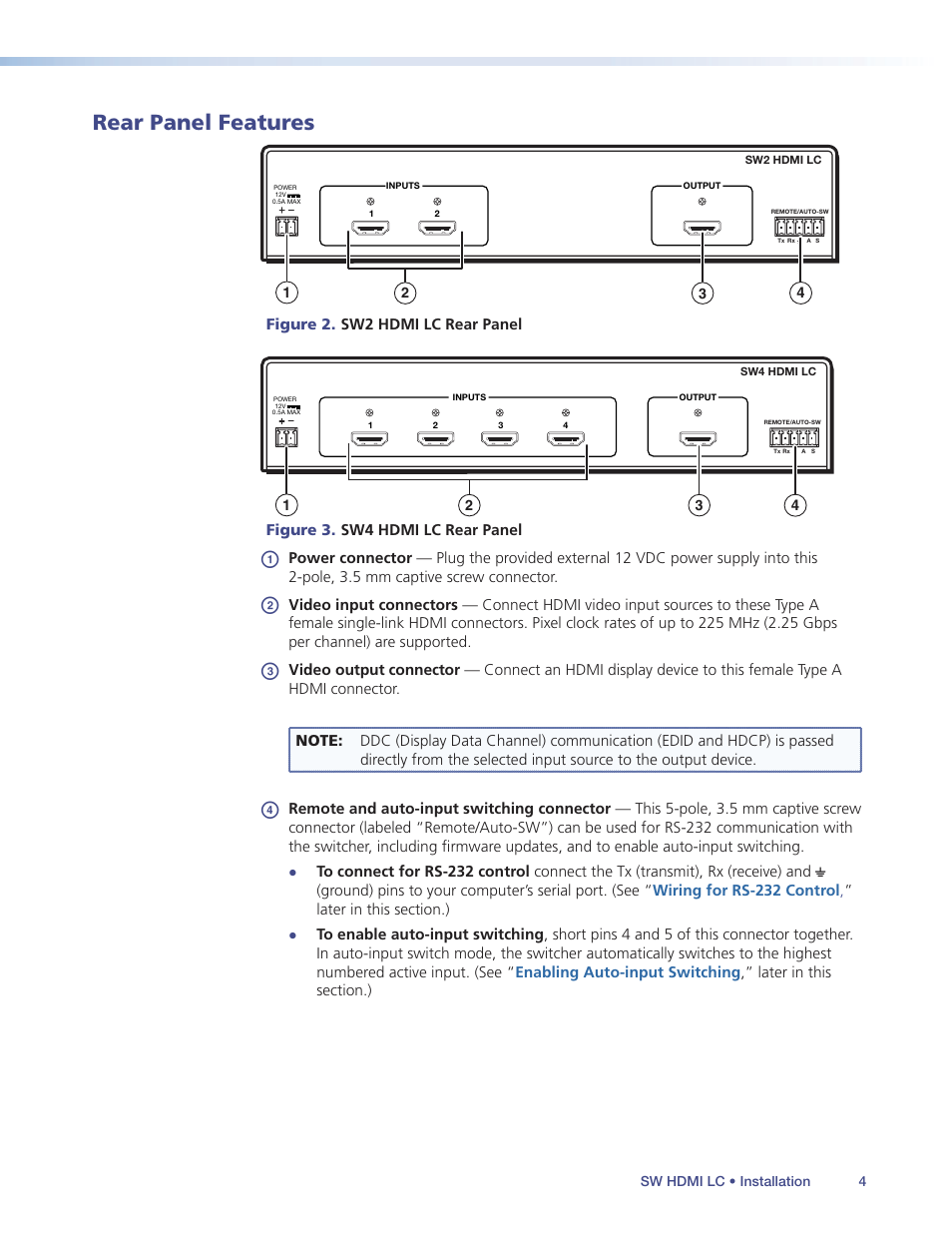 Rear panel features | Extron Electronics SW HDMI LC User Guide User Manual | Page 10 / 36