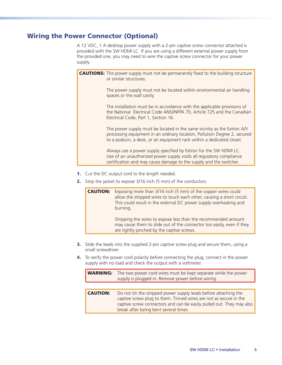 Wiring the power connector (optional), Wiring the power, Connector (optional) | Extron Electronics SW HDMI LC User Guide User Manual | Page 11 / 36