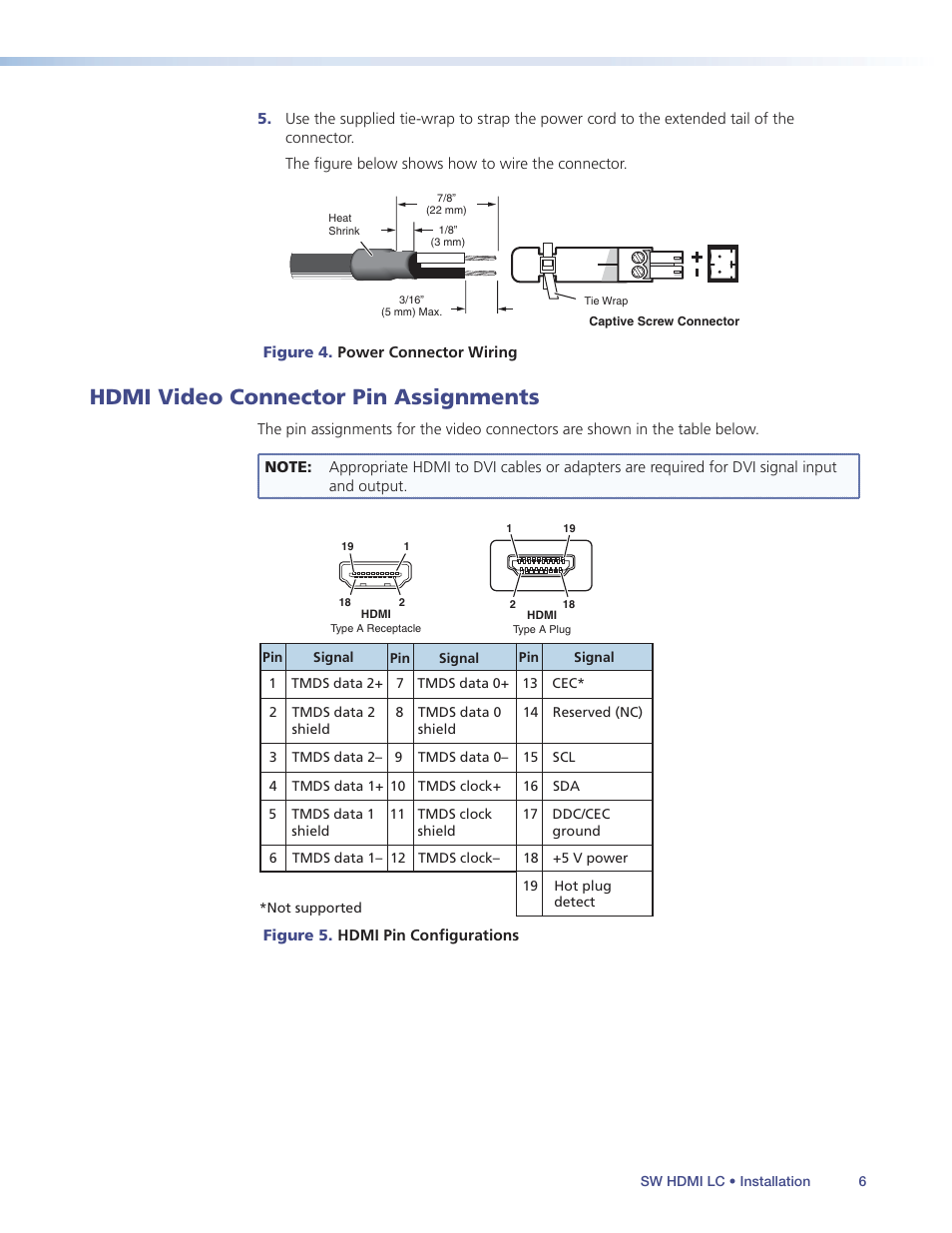 Hdmi video connector pin assignments, Hdmi video connectors pin assignments | Extron Electronics SW HDMI LC User Guide User Manual | Page 12 / 36