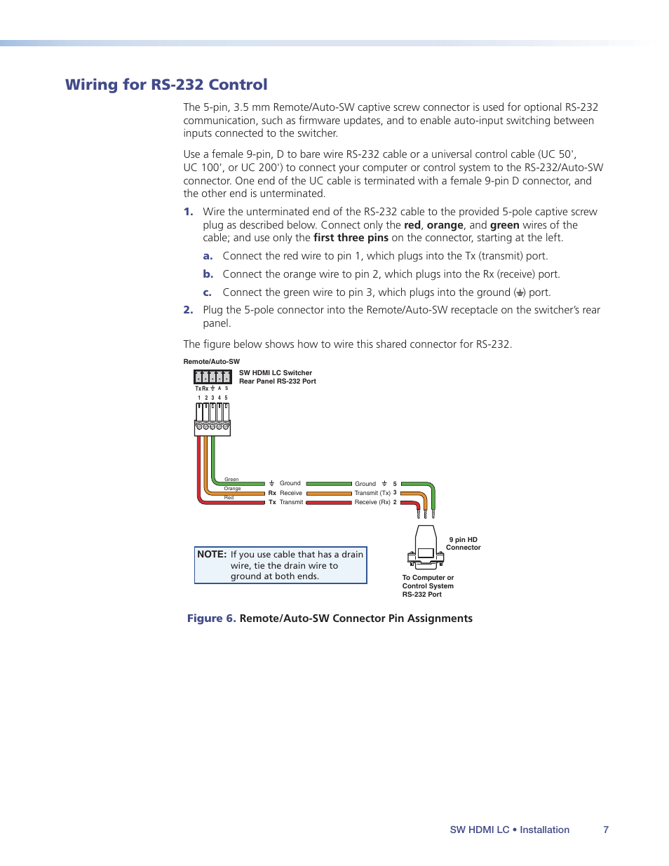 Wiring for rs-232 control, Wiring for, Rs-232 control | S serial port. (see | Extron Electronics SW HDMI LC User Guide User Manual | Page 13 / 36