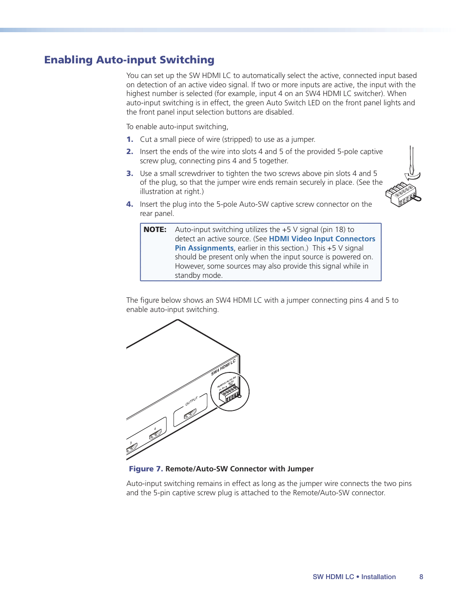 Enabling auto-input switching, Ed active input. (see, Sw hdmi lc • installation 8 | Extron Electronics SW HDMI LC User Guide User Manual | Page 14 / 36