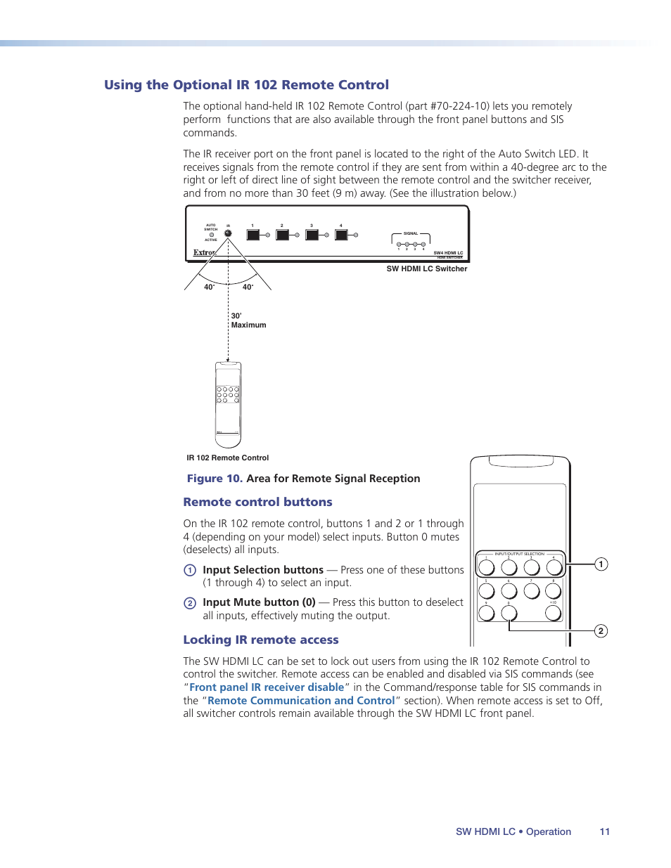 Using the optional ir 102 remote control, Ol (see, Using the | Optional ir 102 remote control, Remote control buttons, Locking ir remote access, Figure 10. area for remote signal reception | Extron Electronics SW HDMI LC User Guide User Manual | Page 17 / 36